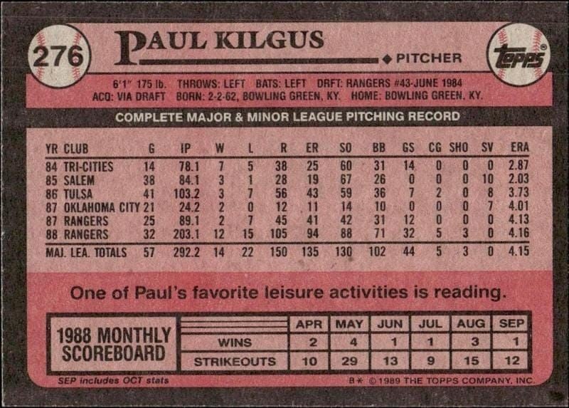 1989 Topps Paul Kilgus #276 baseball trading card back