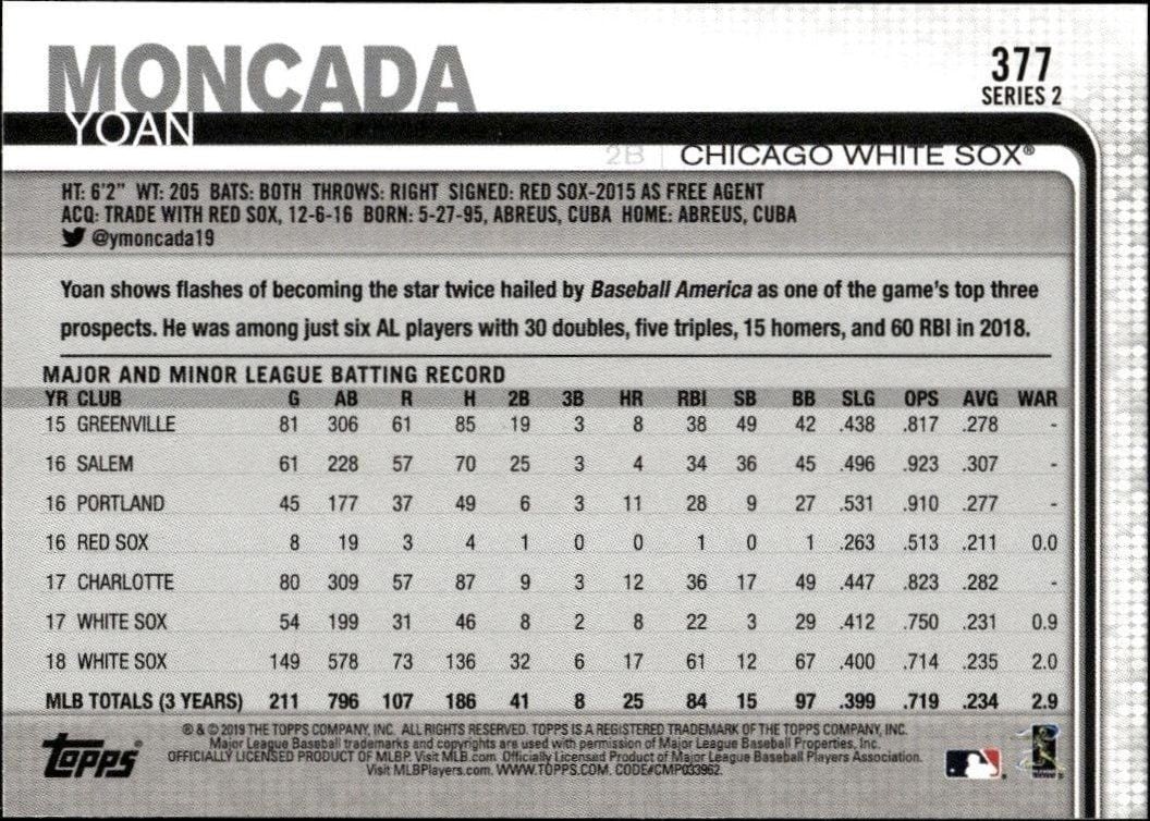 2019 Topps Series 2 Yoan Moncada #377 baseball trading card back