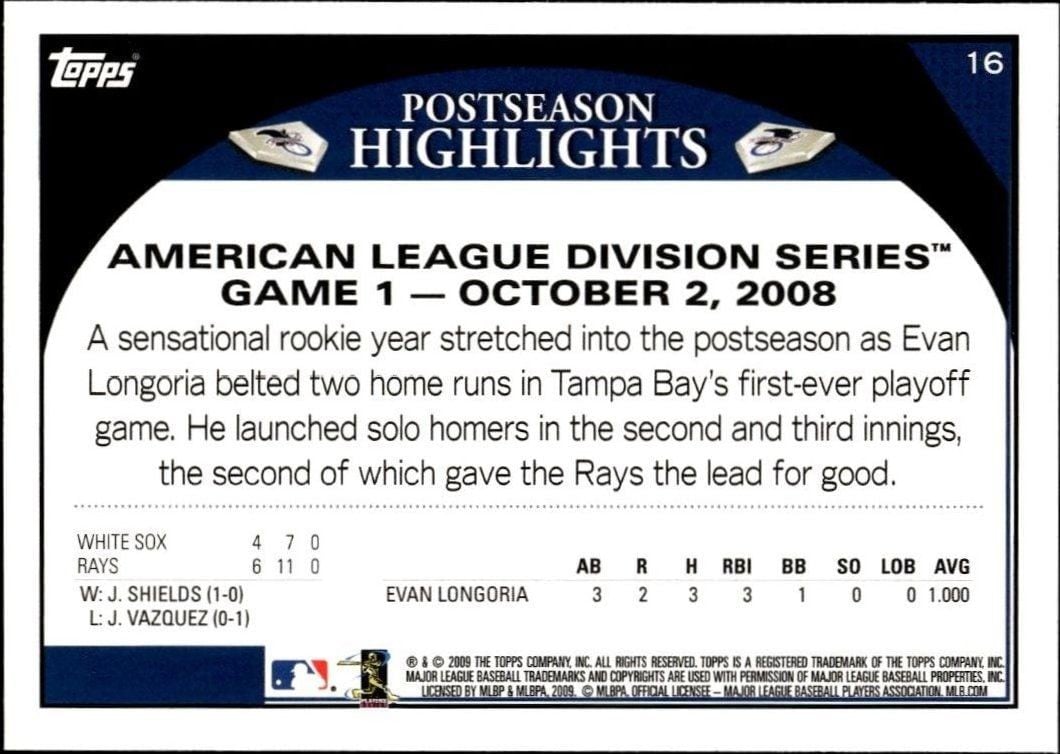 2009 Topps Evan Longoria #16 baseball trading card back