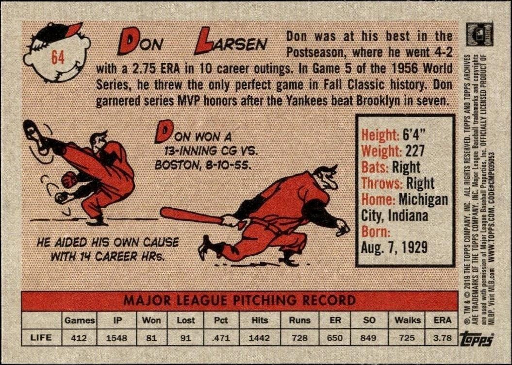 2019 Topps Archives Don Larsen #64 baseball trading card back