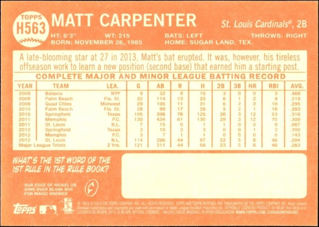 2013 Topps Heritage High Number Matt Carpenter #H563 baseball trading card back