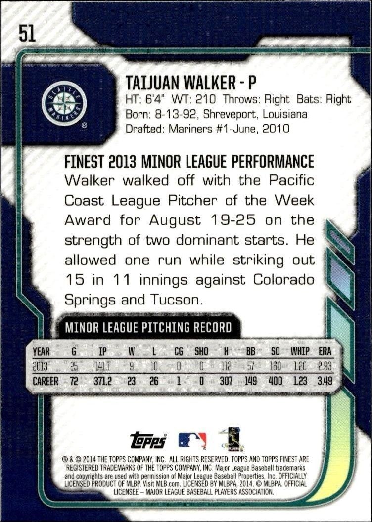 2014 Topps Finest Taijuan Walker #51 baseball trading card back