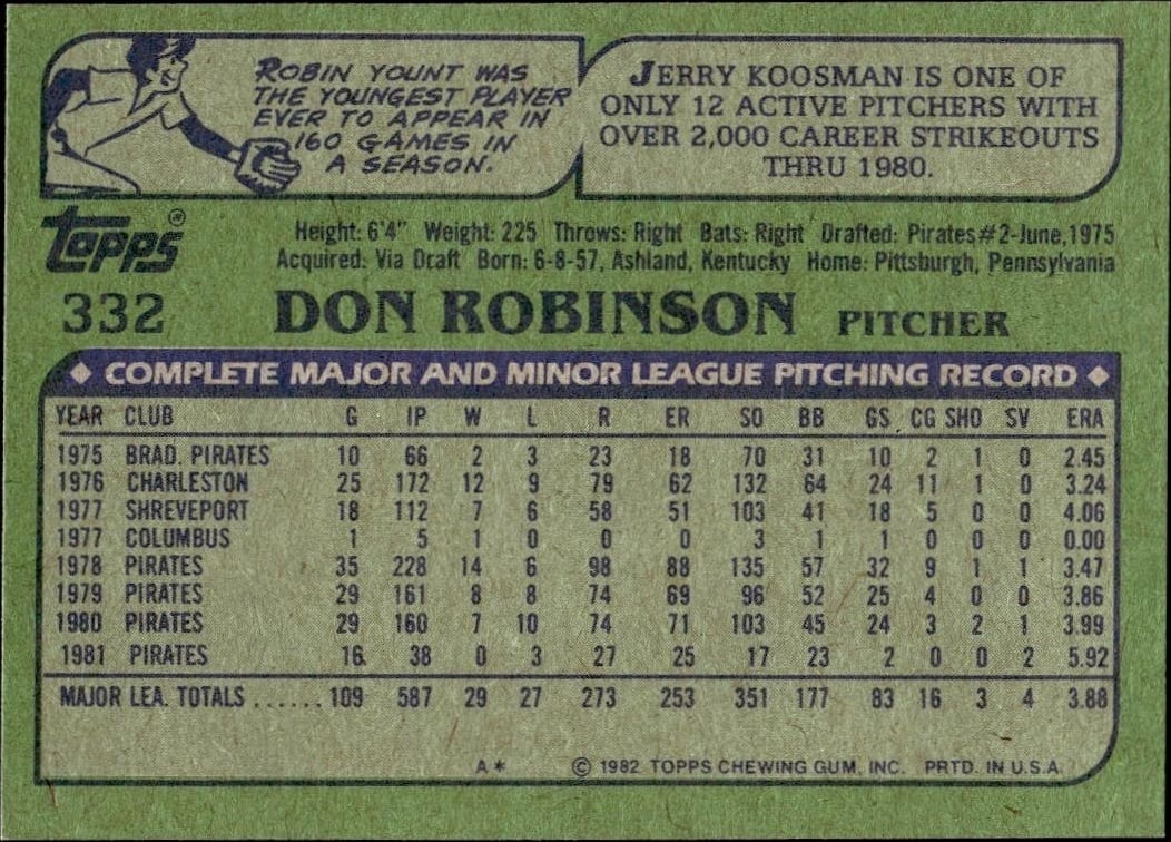 1982 Topps Don Robinson #332 baseball trading card back