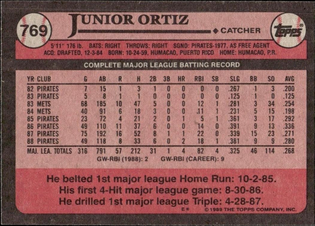 1989 Topps Junior Ortiz #769 baseball trading card back