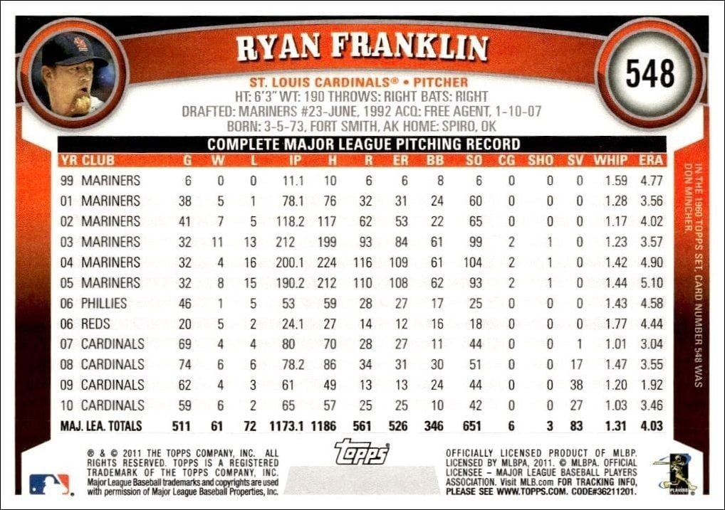 2011 Topps Series 2 Ryan Franklin #548 baseball trading card back