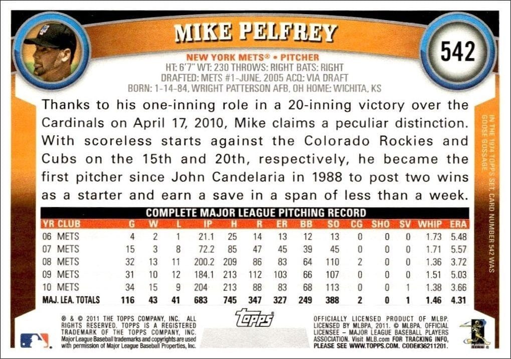 2011 Topps Series 2 Mike Pelfrey #542 baseball trading card back