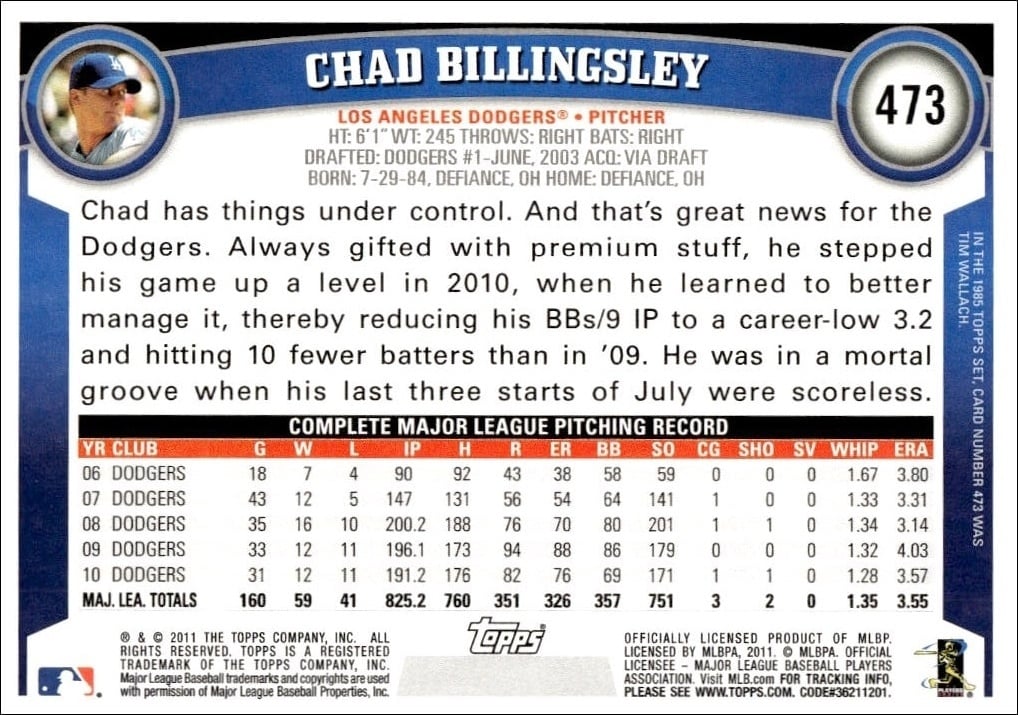 2011 Topps Series 2 Chad Billingsley #473 baseball trading card back