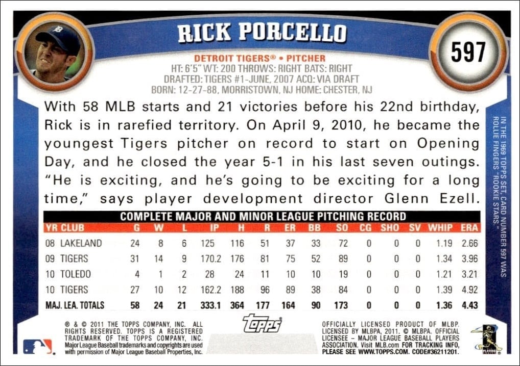 2011 Topps Series 2 Rick Porcello #597 baseball trading card back