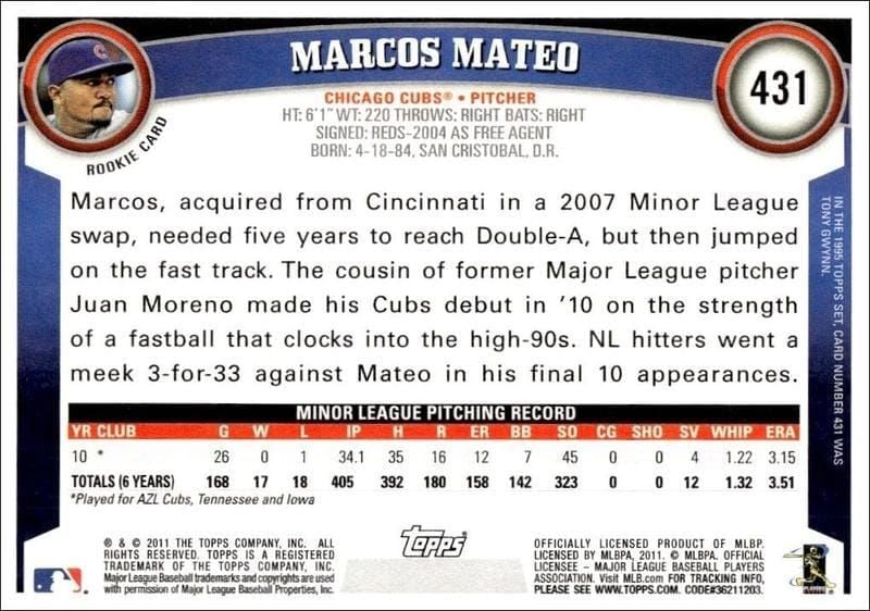2011 Topps Series 2 Marcos Mateo #431 baseball trading card back