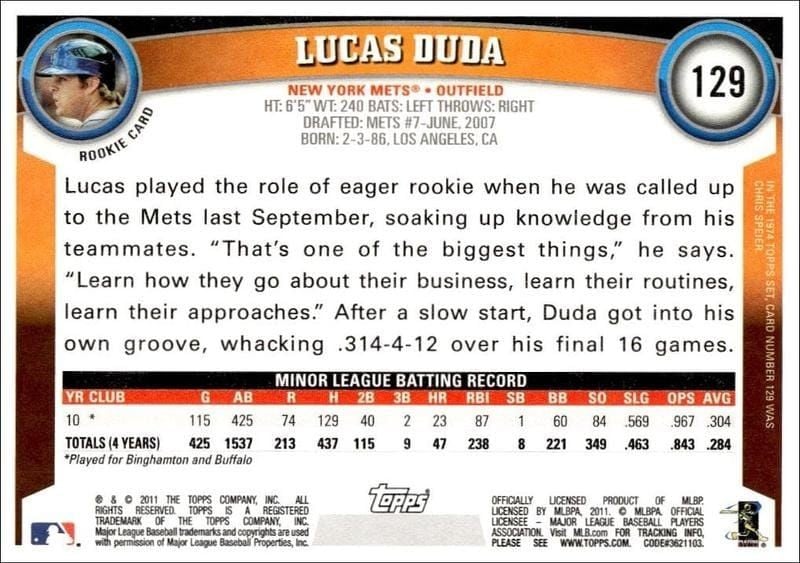 2011 Topps Lucas Duda #129 baseball trading card back