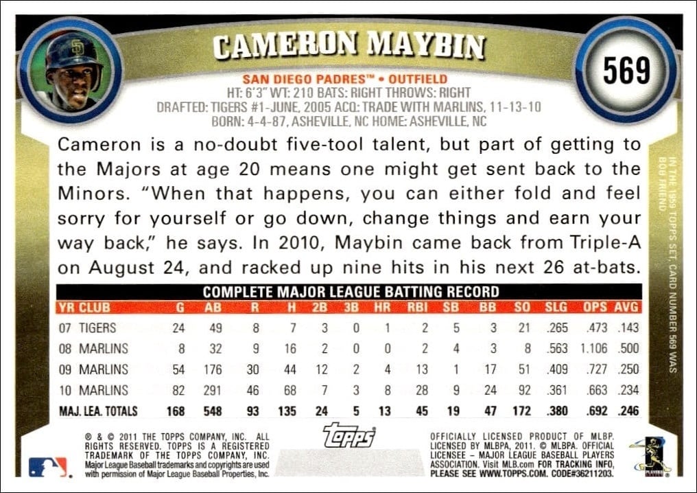 2011 Topps Series 2 Cameron Maybin #569 baseball trading card back