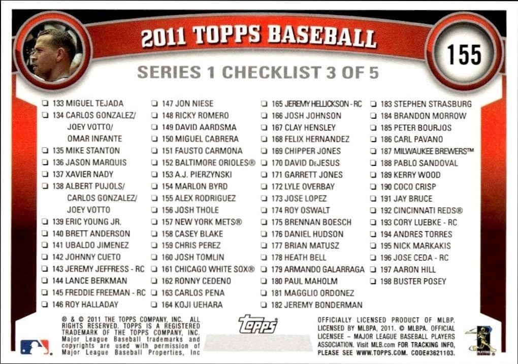 2011 Topps Alex Rodriguez #155 baseball trading card back