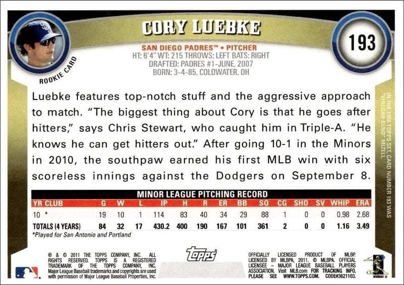 2011 Topps Cory Luebke #193 baseball trading card back