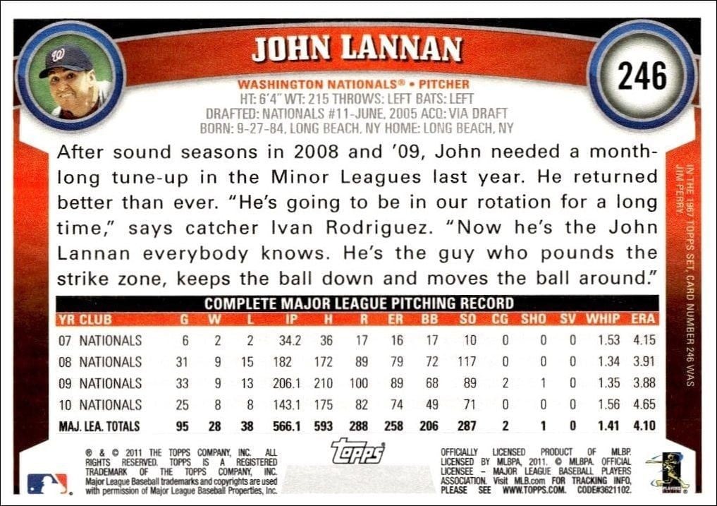 2011 Topps John Lannan #246 baseball trading card back