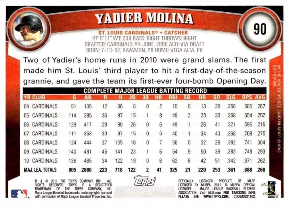 2011 Topps Yadier Molina #90 baseball trading card back