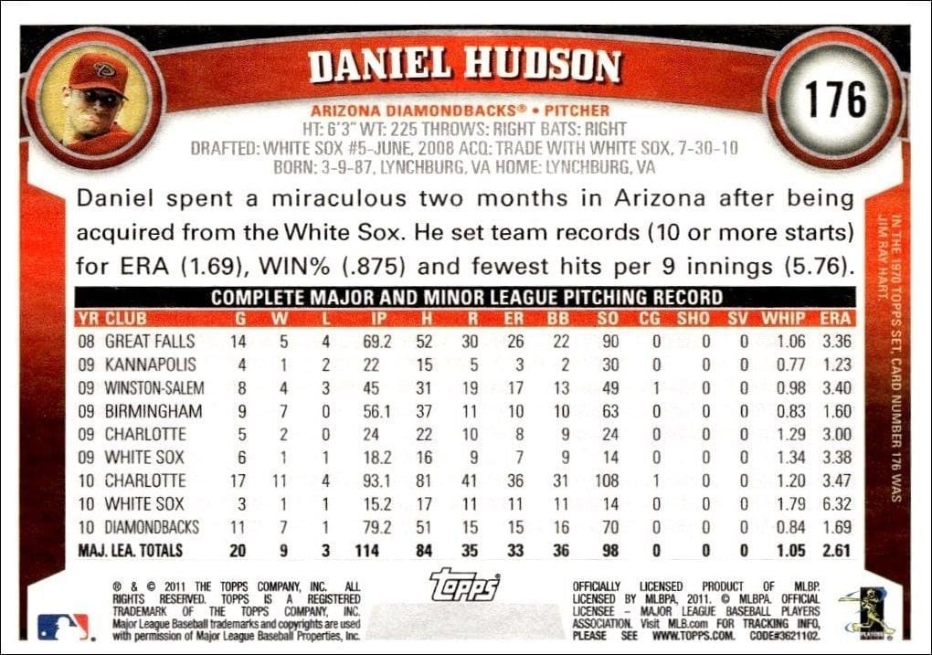 2011 Topps Daniel Hudson #176 baseball trading card back