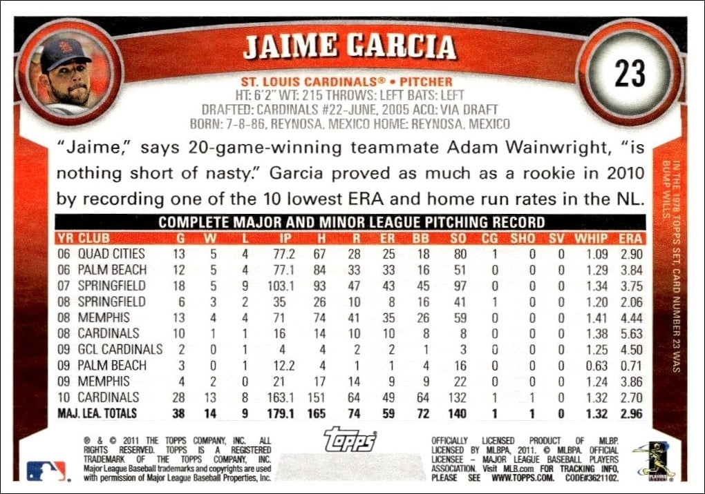 2011 Topps Jaime Garcia #23 baseball trading card back