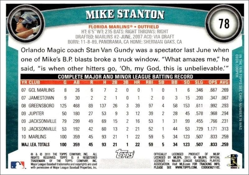 2011 Topps Mike Stanton #78 baseball trading card back