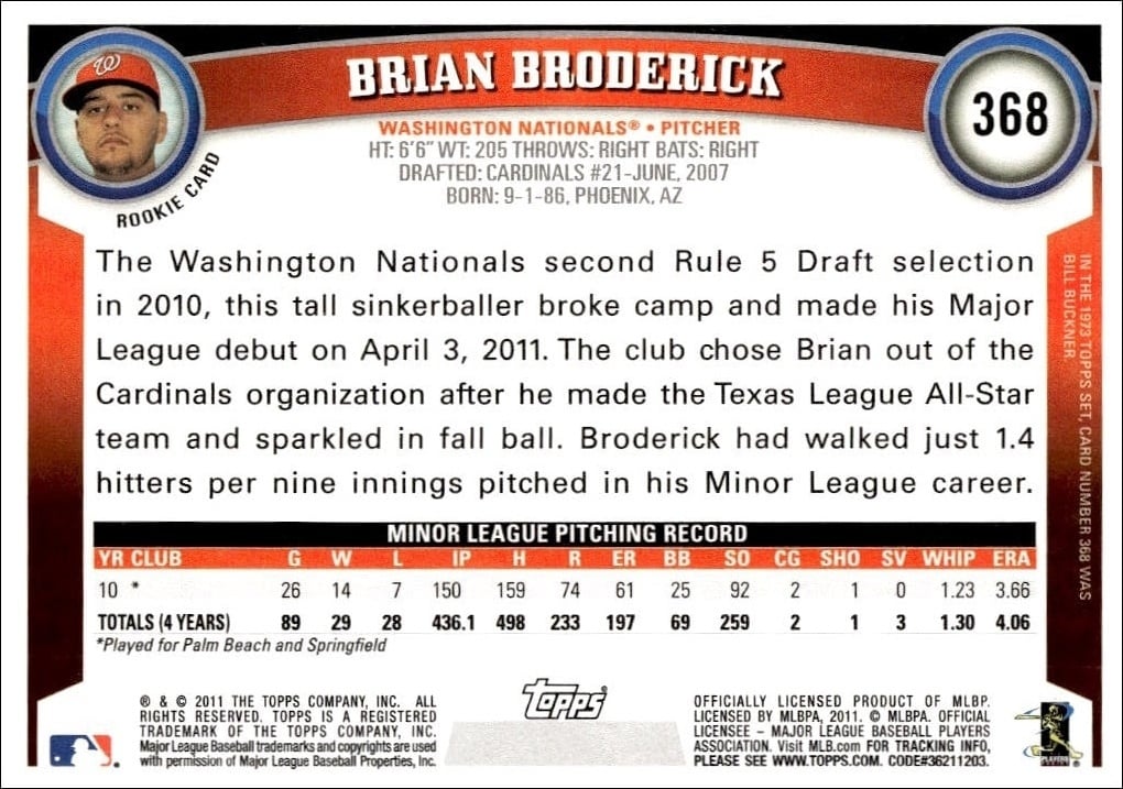 2011 Topps Series 2 Brian Broderick #368 baseball trading card back
