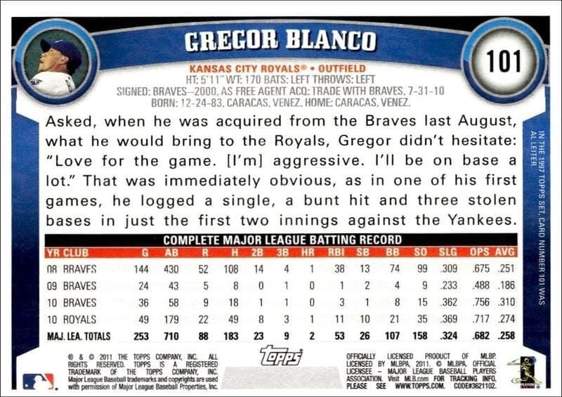 2011 Topps Gregor Blanco #101 baseball trading card back