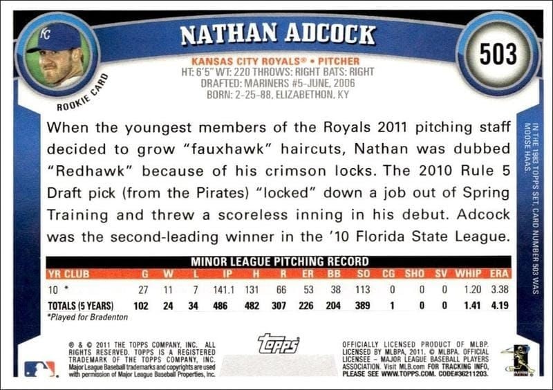 2011 Topps Series 2 Nathan Adcock #503 baseball trading card back