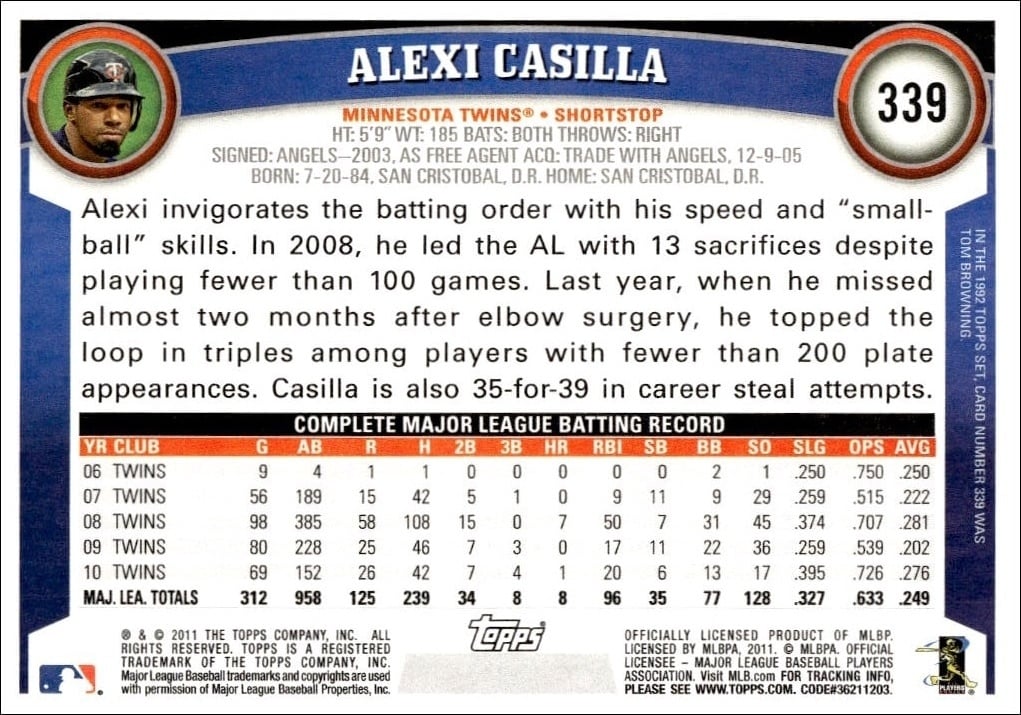 2011 Topps Series 2 Alexi Casilla #339 baseball trading card back
