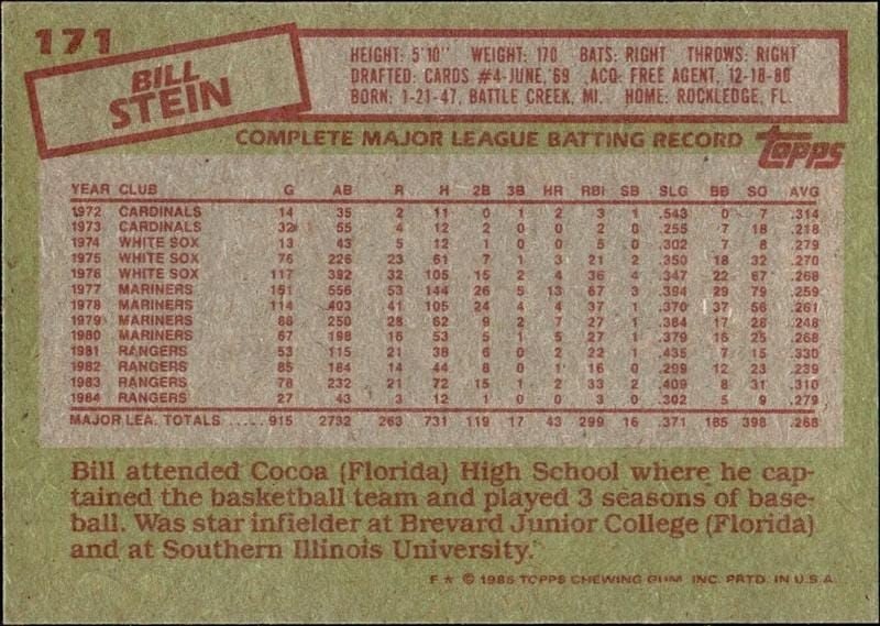 1985 Topps Bill Stein #171 baseball trading card back