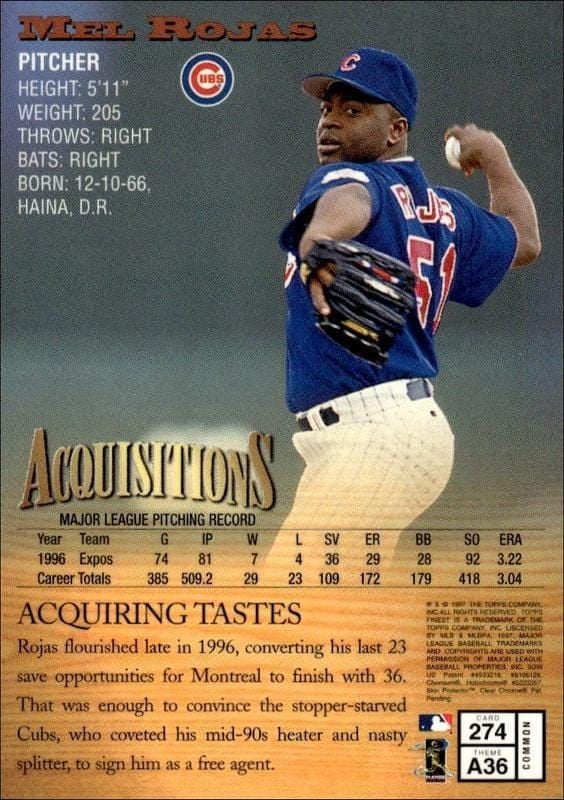 1997 Topps Finest Mel Rojas #274 baseball trading card back