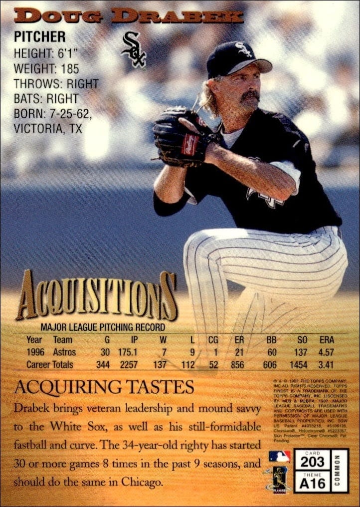 1997 Topps Finest Doug Drabek #203 baseball trading card back