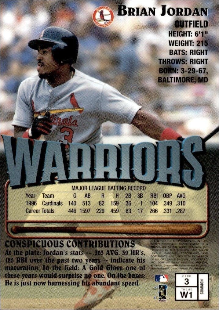 1997 Topps Finest Brian Jordan #3 baseball trading card back
