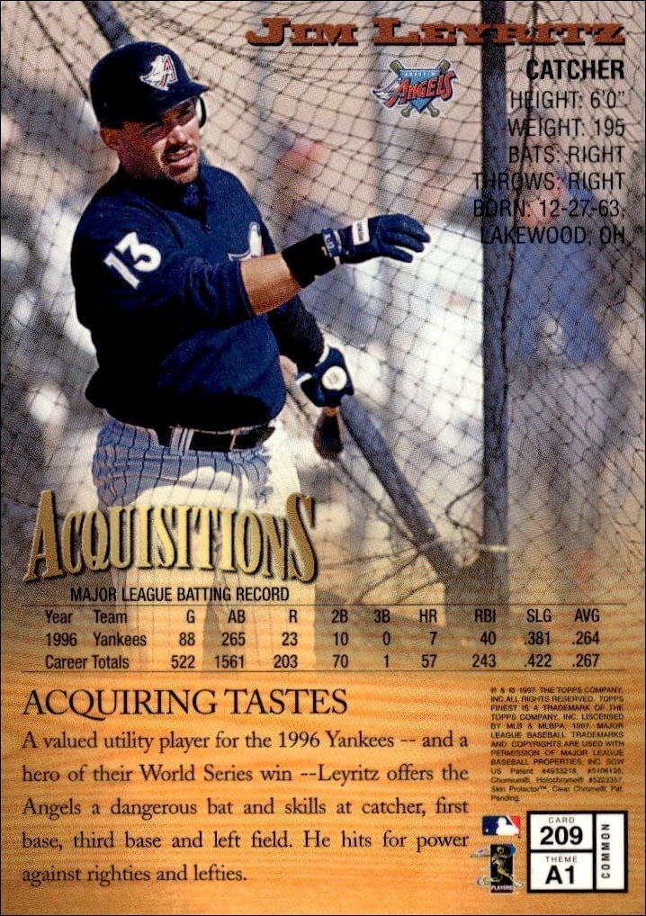 1997 Topps Finest Jim Leyritz #209 baseball trading card back