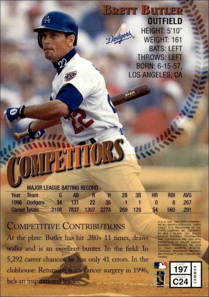 1997 Topps Finest Brett Butler #197 baseball trading card back