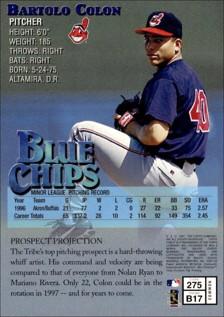 1997 Topps Finest Bartolo Colon #275 baseball trading card back