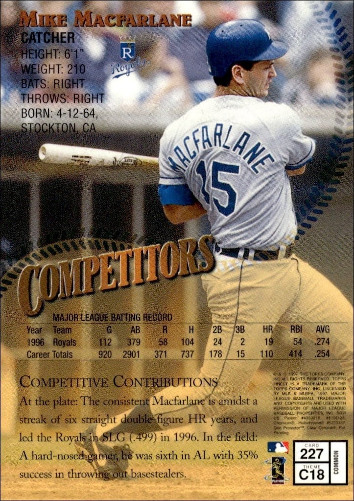 1997 Topps Finest Mike Macfarlane #227 baseball trading card back