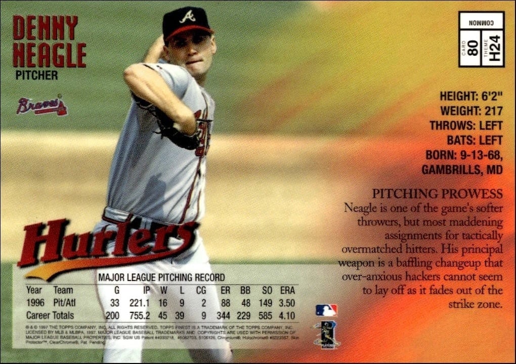 1997 Topps Finest Denny Heagle #80 baseball trading card back