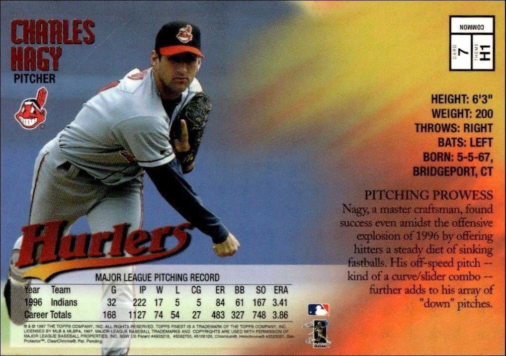 1997 Topps Finest Charles Nagy #7 baseball trading card back