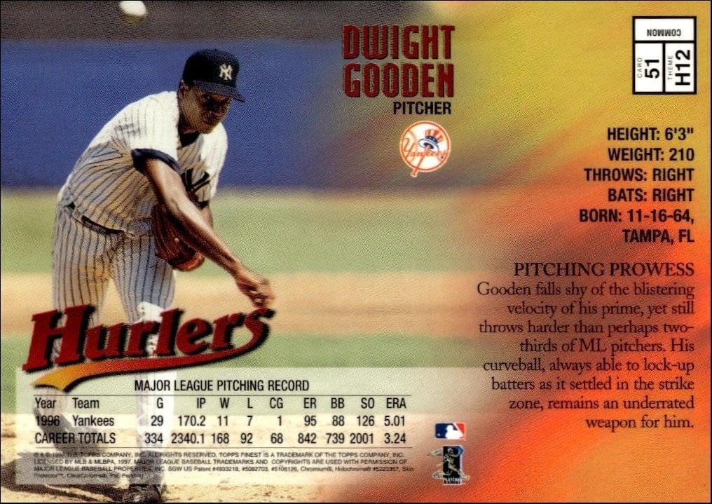 1997 Topps Finest Dwight Gooden #51 baseball trading card back