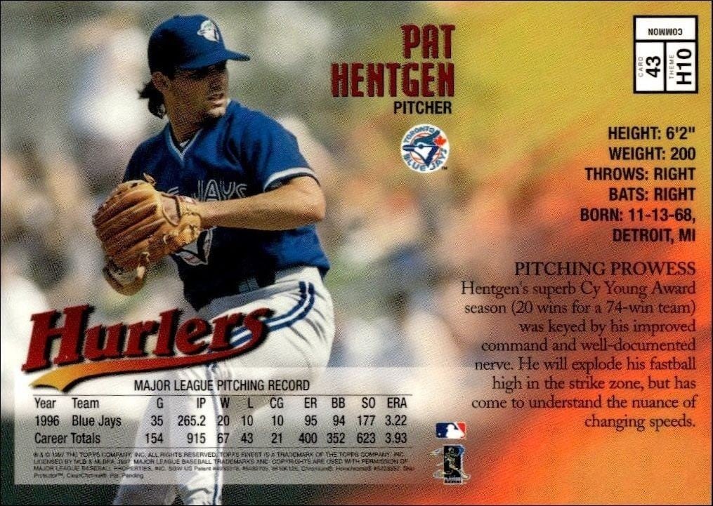 1997 Topps Finest Pat Hentgen #43 baseball trading card back