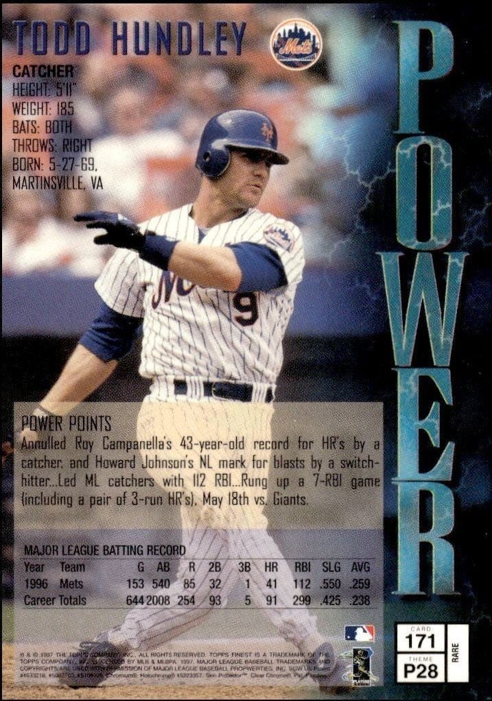 1997 Topps Finest Todd Hundley #171 baseball trading card back
