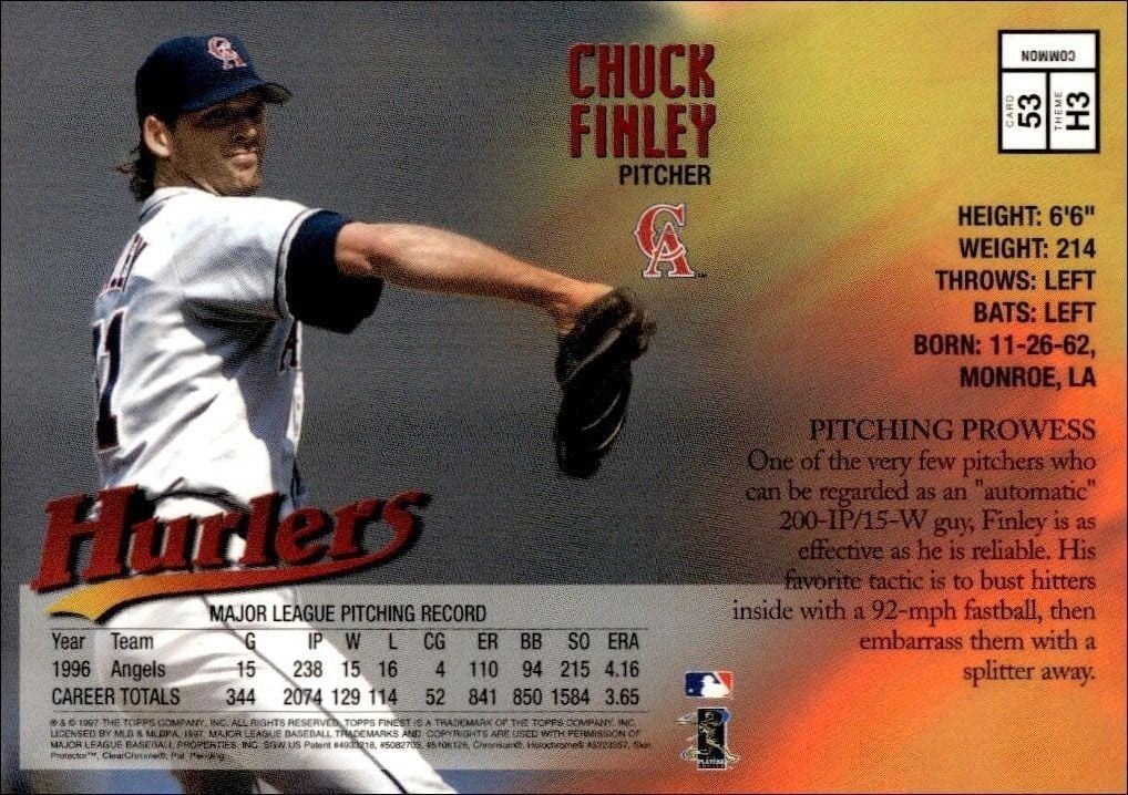 1997 Topps Finest Chuck Finley #53 baseball trading card back