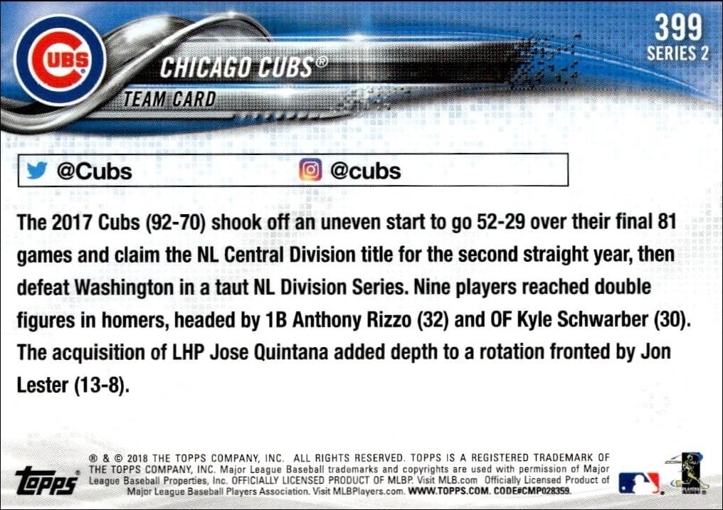 2018 Topps Series 2 Chicago Cubs #399 baseball trading card back