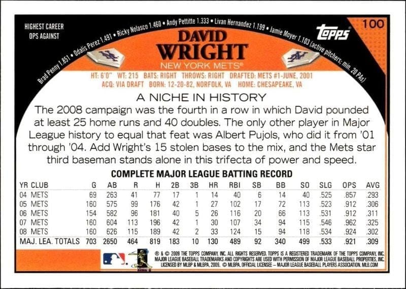 2009 Topps David Wright #100 baseball trading card back