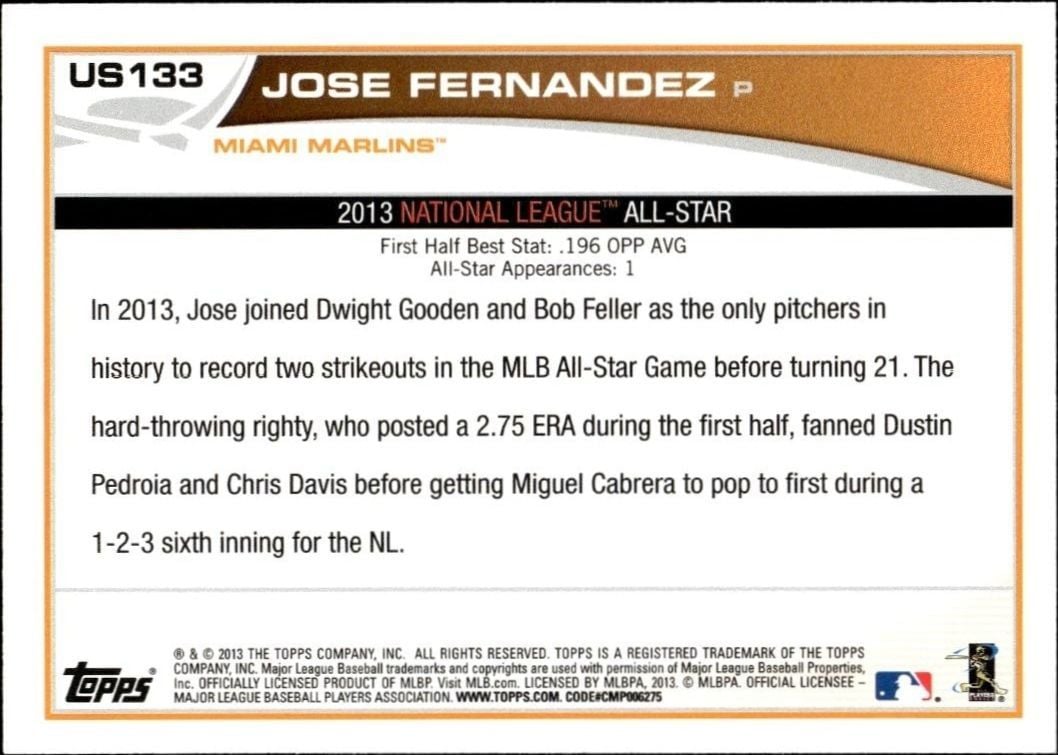2013 Topps Update Jose Fernandez #US133 baseball trading card back