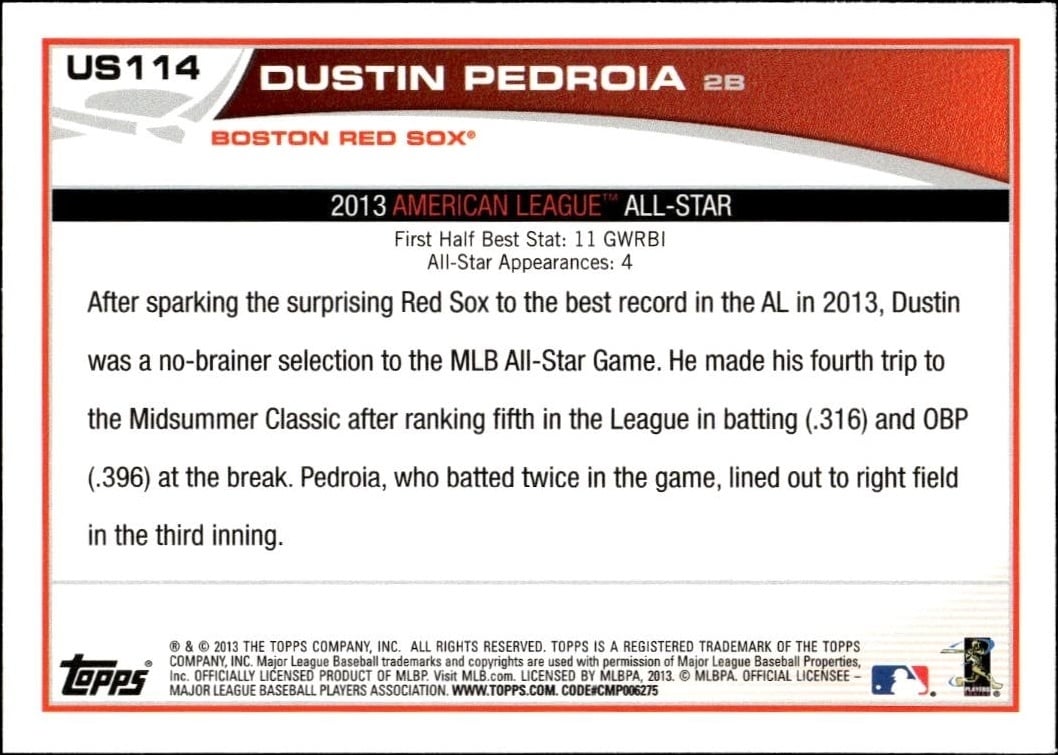 2013 Topps Update Dustin Pedroia #US114 baseball trading card back