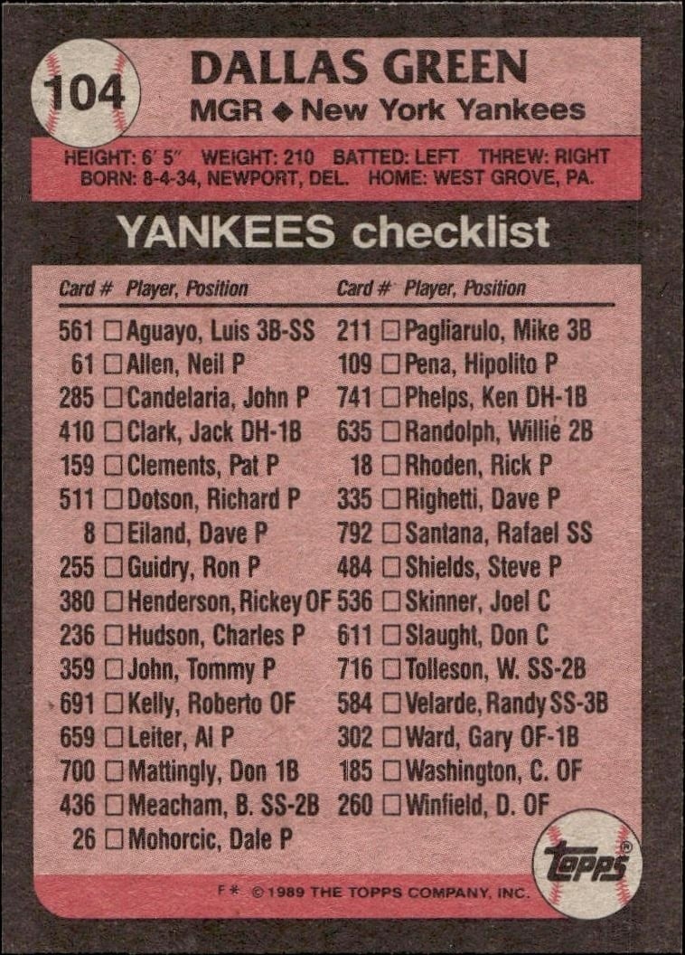 1989 Topps Green Dallas Green #104 baseball trading card back