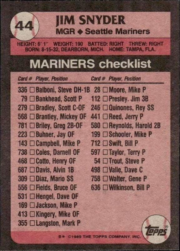 1989 Topps Jim Snyder #44 baseball trading card back
