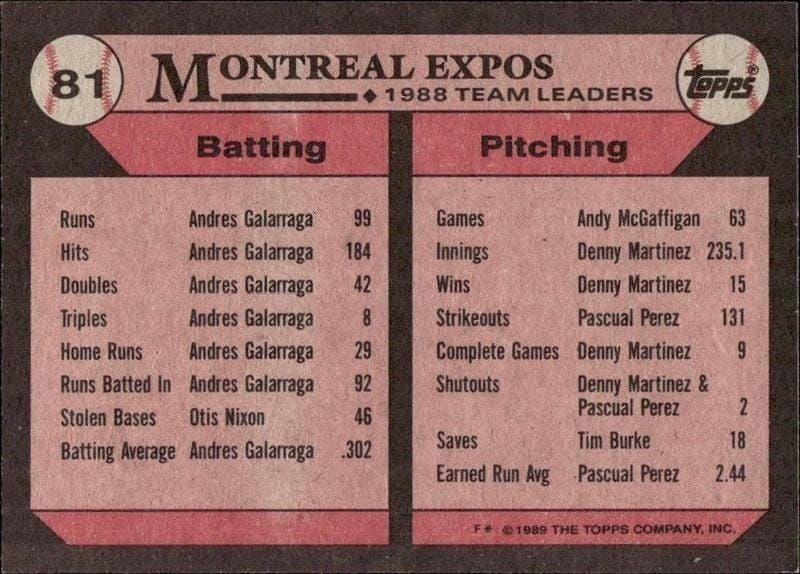 1989 Topps Expos Leaders #81 baseball trading card back