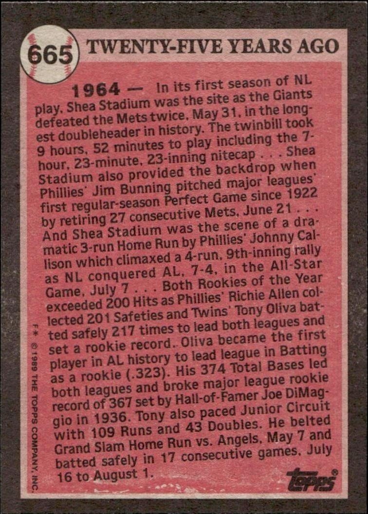 1989 Topps Tony Oliva #665 baseball trading card back