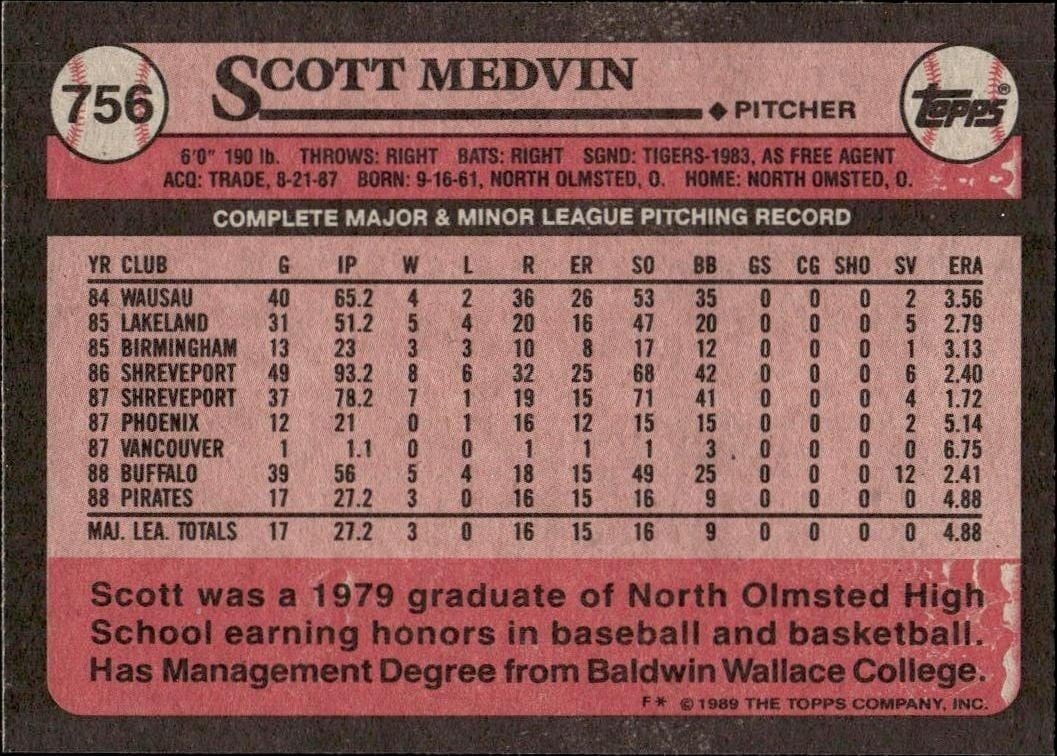 1989 Topps Scott Medvin #756 baseball trading card back