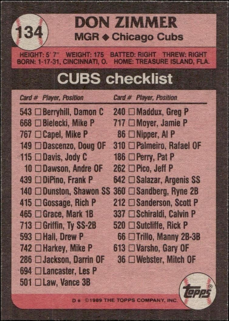 1989 Topps Don Zimmer #134 baseball trading card back